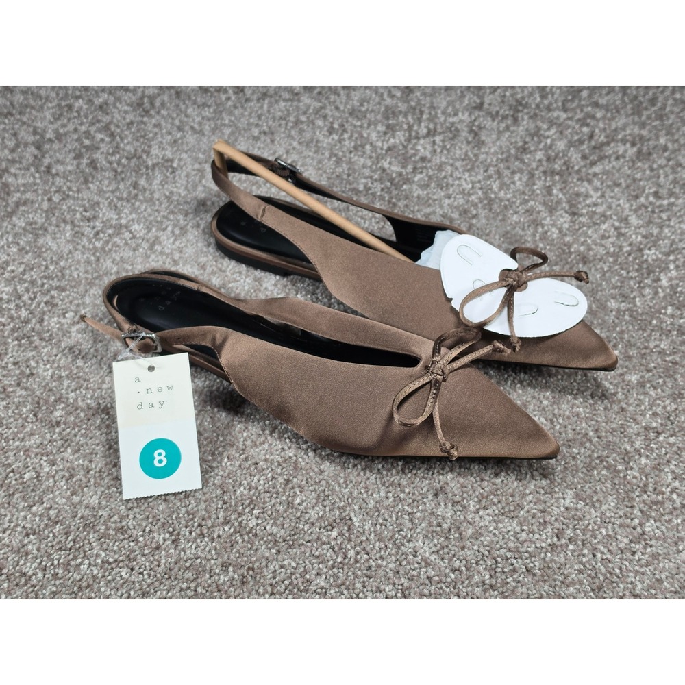 A New Day Camille Taupe Satin Pointed Toe Slingback Bow Flats Brown Size 8